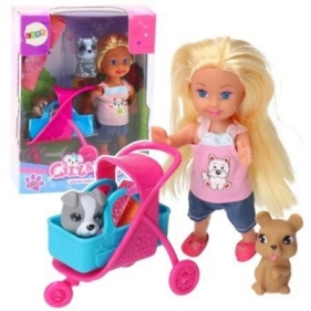 Zestaw mini laleczka wózek + piesek