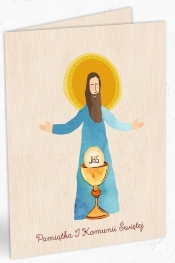 Karnet drewniany C6 + koperta Komunia Jezus