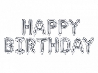 Balon foliowy Partydeco napis Happy Birthday w kolorze srebrnym 14cal (FB6M-018)