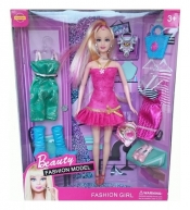 Lalka Fashio Girl 29 cm z ubrankami 6 elementów mix sukienka różowa - <br />