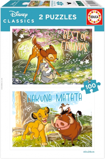 <img src='https://webimage.pl/pics/911/4/d8412668204911.jpg' style='height:440px' /> Puzzle Bambi & Król Lew 2 x 100 el 114077