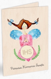 Karnet drewniany C6 + koperta Komunia Dziewczynka