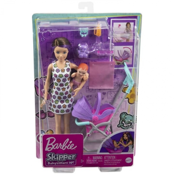 Lalka Barbie Opiekunka Skipper Wózek + bobas Zestaw (GXT34)