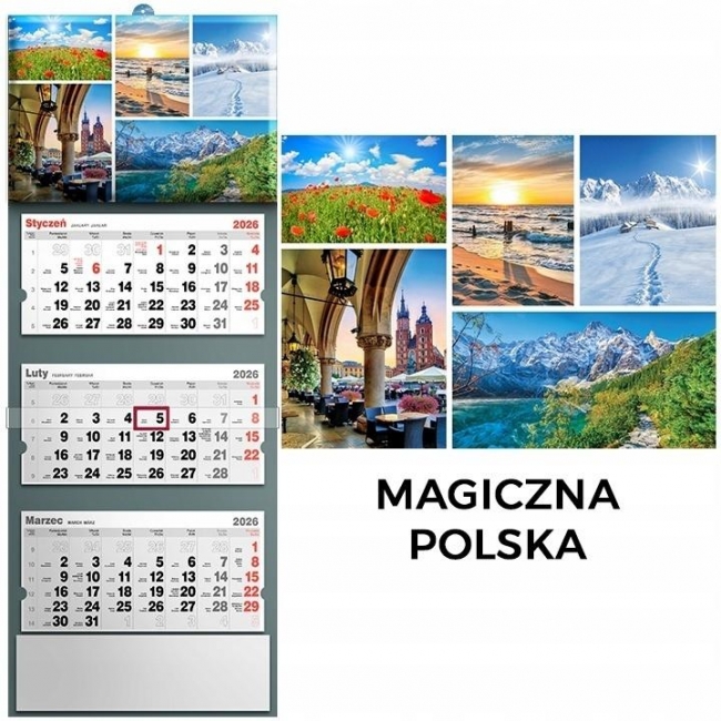 <img src='https://webimage.pl/pics/928/1/d5901421111083.jpg' style='height:440px' /> Kalendarz 2026 trójdzielny magiczna Polska