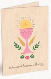 Karnet drewniany C6 + koperta Komunia Kielich różowy
