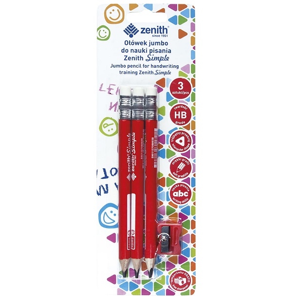 Ołówki Zenith Simple Jumbo HB, do nauki pisania, 3 szt. + temperówka (206316002) 