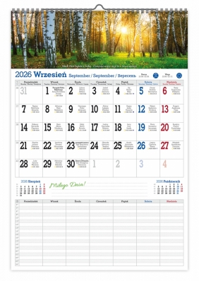 Kalendarz ścienny jednostronny A3 - Menager na rok szkolny 2025/2026 z planem tygodnia