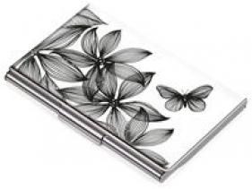 Etui na wizytówki TROIKA Black Flowers - chromowany metal z designerskim wzorem, na 11 wizytówek
