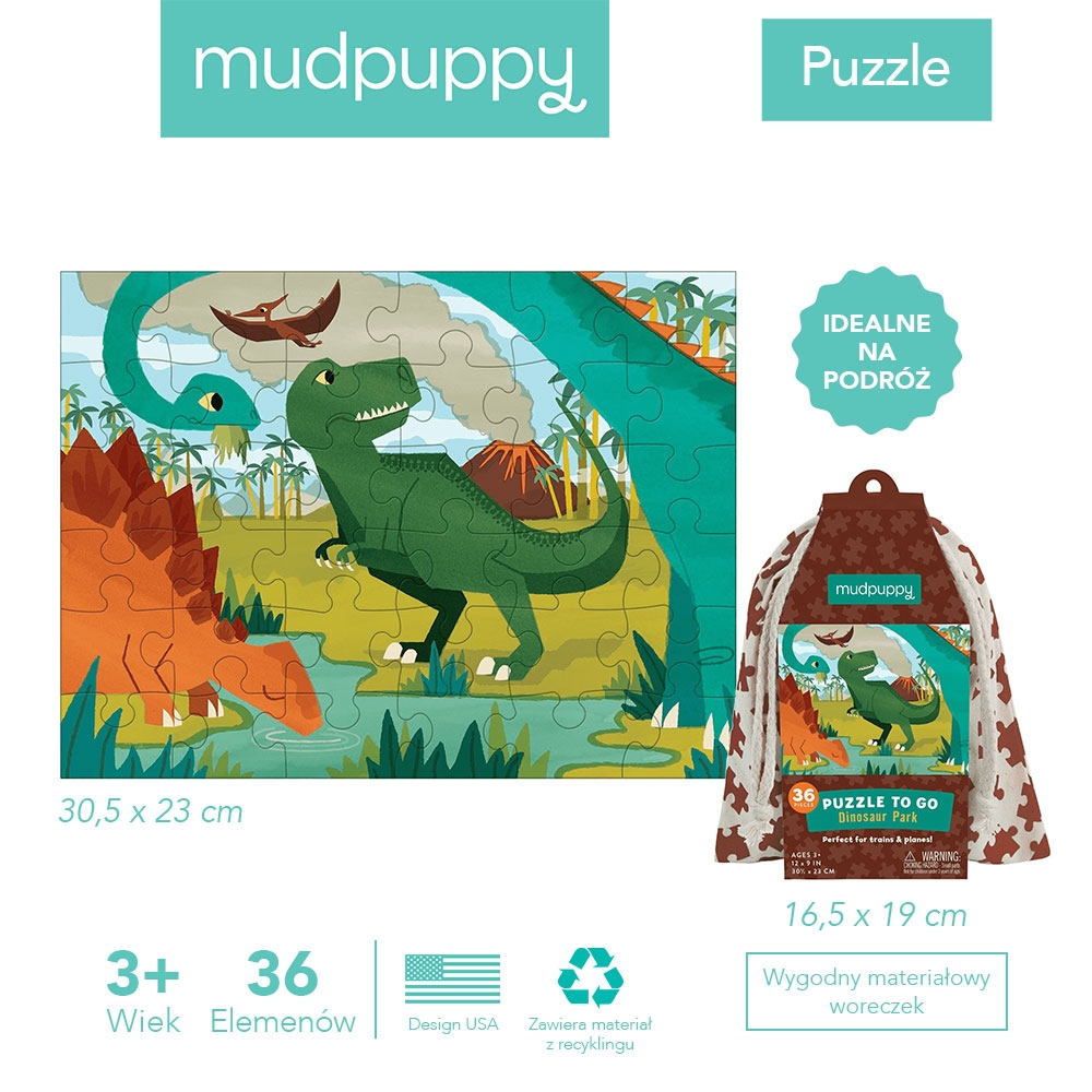 Mudpuppy, puzzle podróżne w woreczku - Park dinozaurów, 36 el.