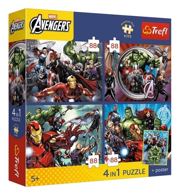 <img src='https://webimage.pl/pics/978/6/d5900511346978.jpg' style='height:440px' /> Puzzle 4w1 Avengers + plakat TREFL