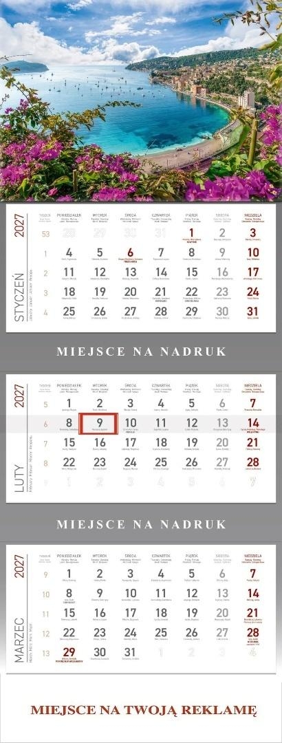 Kalendarz 2027 trójdzielny Laurowe wybrzeże