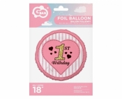 Balon foliowy 1st Birthday, różowy 45 cm